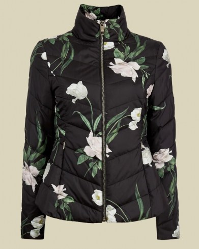 ADAENA Elderflower padded packaway jacket in black / floral quilted funnel neck jackets