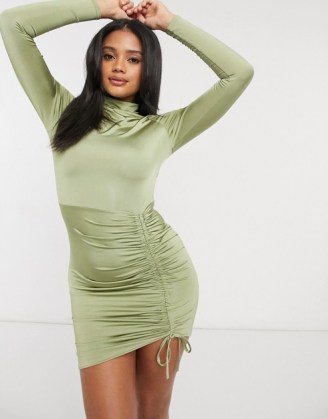 Femme Luxe long sleeve ruched detail mini dress in pistachio ~ green gatherd going out dresses
