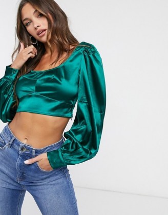 Femme Luxe satin square neck crop top in emerald green ~ cropped puff sleeve tops