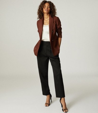 REISS FINLEY DOUBLE BREASTED TWILL BLAZER TOBACCO ~ brown tailored blazers - flipped