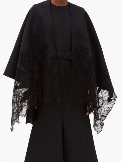 VALENTINO GARAVANI Floral lace-trimmed black cashmere-blend cape ~ lace trimmed capes - flipped