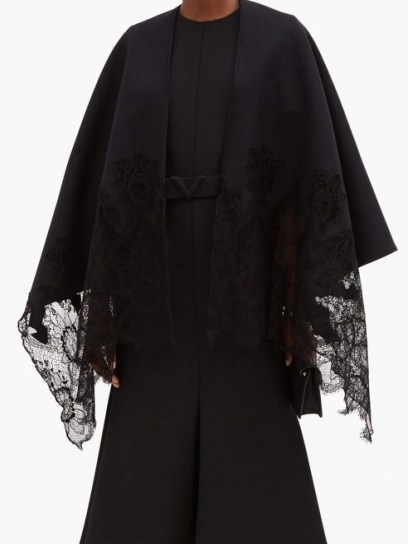 VALENTINO GARAVANI Floral lace-trimmed black cashmere-blend cape ~ lace trimmed capes