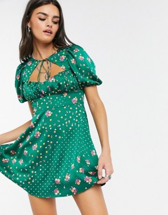 For Love and Lemons Cypress satin mini dress in green floral print ~ ruched bust dresses ~ puff sleeve fashion ~ cut out front and back - flipped