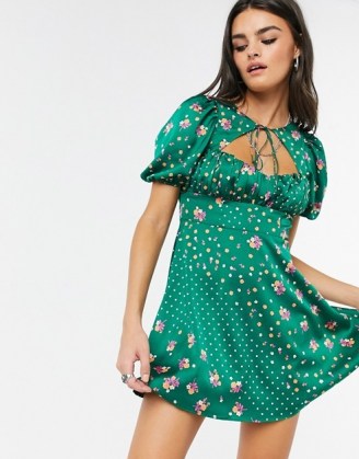 For Love and Lemons Cypress satin mini dress in green floral print ~ ruched bust dresses ~ puff sleeve fashion ~ cut out front and back