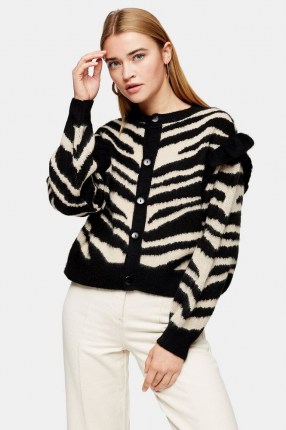 TOPSHOP Frill Sleeve Zebra Print Cardigan – animal patterned knitwear – frilled cardigans - flipped