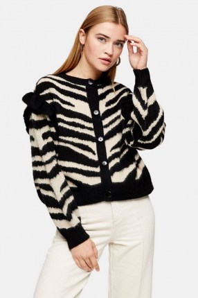 TOPSHOP Frill Sleeve Zebra Print Cardigan – animal patterned knitwear – frilled cardigans