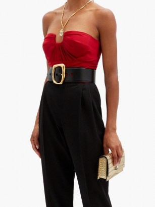 ALEXANDER MCQUEEN Gathered silk-satin bustier top in red ~ strapless evening tops ~ fitted event wear ~ ruched design ~ gathered detail - flipped