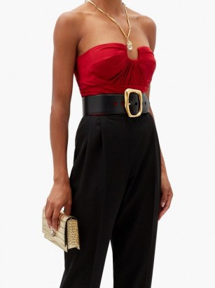 ALEXANDER MCQUEEN Gathered silk-satin bustier top in red ~ strapless evening tops ~ fitted event wear ~ ruched design ~ gathered detail