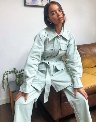 Ghospell Oversized Belted Shacket Co-ord in Sage ~ green jacket co ord ~ shackets ~ fashion co-ords ~ jackets and trouser sets
