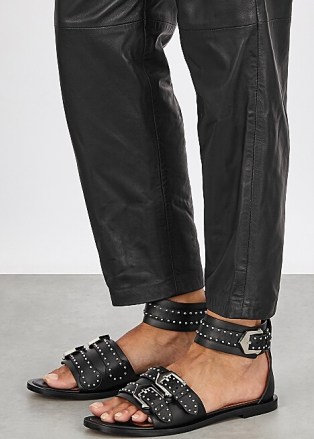 GIVENCHY Elegant black studded leather sandals / buckle detailed flats / flat ankle strap sandal / stud detail - flipped