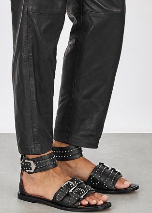 GIVENCHY Elegant black studded leather sandals / buckle detailed flats / flat ankle strap sandal / stud detail