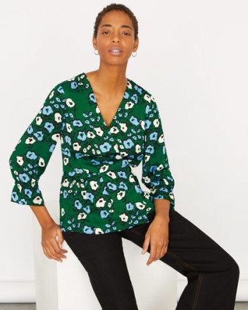 JIGSAW GRAPHIC POPPY WRAP TOP EVERGREEN / green floral tops