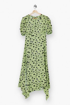 TOPSHOP Green Daisy Print Ruched Sleeve Midi Dress ~ handkerchief hemline dresses - flipped