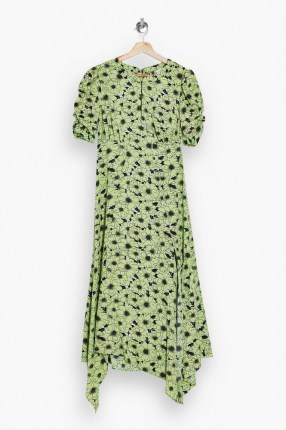 TOPSHOP Green Daisy Print Ruched Sleeve Midi Dress ~ handkerchief hemline dresses