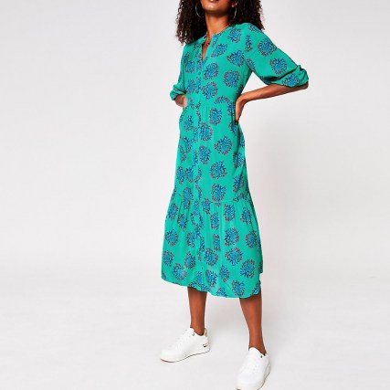 RIVER ISLAND Green floral button down dress ~ loose fit day dresses - flipped
