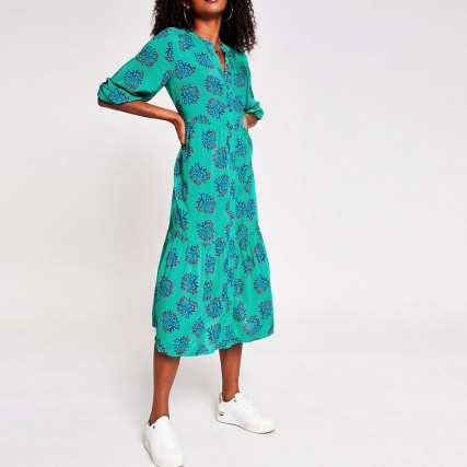 RIVER ISLAND Green floral button down dress ~ loose fit day dresses