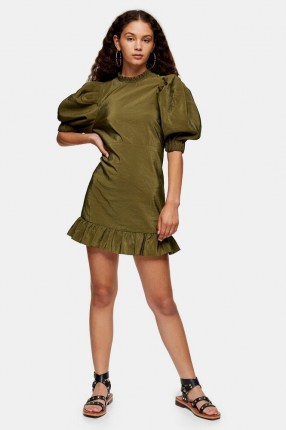 TOPSHOP Green Puff Sleeve Mini Dress ~ puffed sleeved dresses ~ voluminous short sleeves ~ frilled hem - flipped