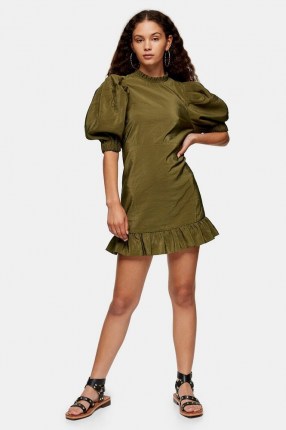 TOPSHOP Green Puff Sleeve Mini Dress ~ puffed sleeved dresses ~ voluminous short sleeves ~ frilled hem