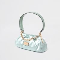 RIVER ISLAND Green rouched satin underarm handbag / ruched vintage look bags / chain link detail bag