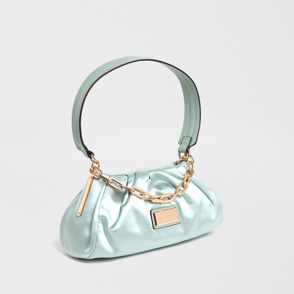 RIVER ISLAND Green rouched satin underarm handbag / ruched vintage look bags / chain link detail bag - flipped