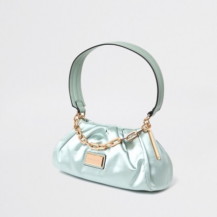 RIVER ISLAND Green rouched satin underarm handbag / ruched vintage look bags / chain link detail bag