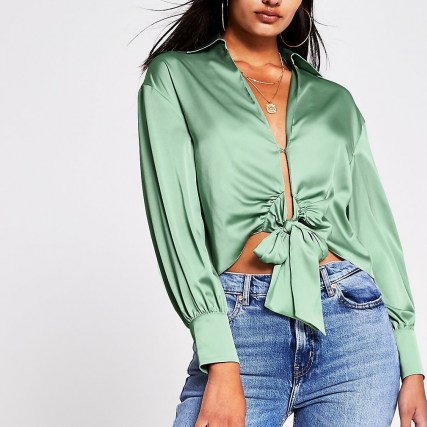 RIVER ISLAND RIVER ISLAND Green Tie Front Shirt – plunging satin look shirts – open detail blouse