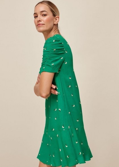 Whistles ROMANTIC FLORAL GEORGINA DRESS in Green / Multi – pretty ruched sleeve frock - flipped
