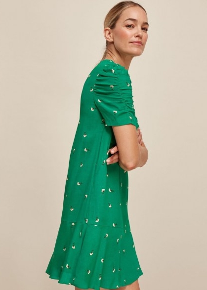 Whistles ROMANTIC FLORAL GEORGINA DRESS in Green / Multi – pretty ruched sleeve frock