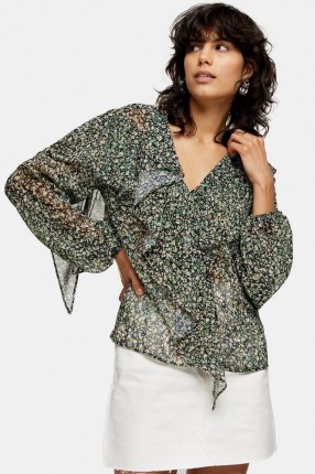 TOPSHOP Grunge Ruffle Blouse / floral blouses / V neck ruffled top