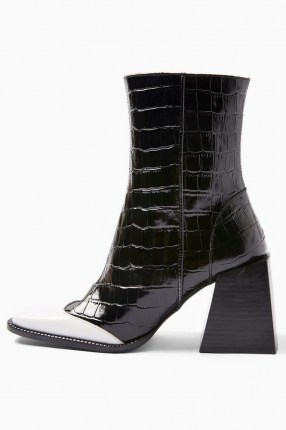 TOPSHOP HEAVEN Leather Black And White Block Boots Monochrome ~ croc embossed ~ flared block heel boot ~ chunky heels - flipped