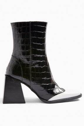 TOPSHOP HEAVEN Leather Black And White Block Boots Monochrome ~ croc embossed ~ flared block heel boot ~ chunky heels