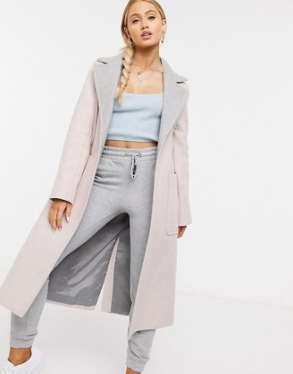 Helene Berman wool blend Long Ruth double faced coat in light pink / grey ~ longline open front coats