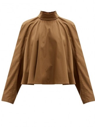LEMAIRE High-neck cotton-poplin blouse in brown~ voluminous tops ~ simple design blouses - flipped