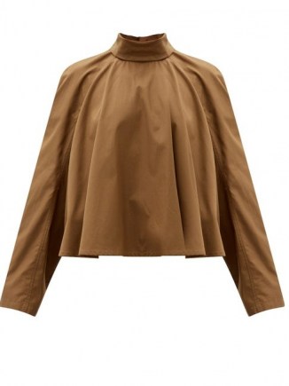 LEMAIRE High-neck cotton-poplin blouse in brown~ voluminous tops ~ simple design blouses