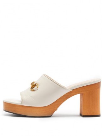 GUCCI Houdan Horsebit leather platform mules in ivory white ~ wooden block heel mule ~ luxe platforms - flipped