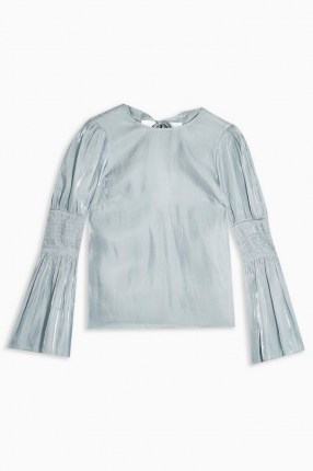 TOPSHOP Ice Blue Liquid Satin Top – fluid fabrics – high shine smocked sleeve tops