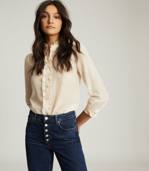 Reiss JEMMA RUFFLE DETAILED BLOUSE BLUSH – frill trimmed blouses – essential tops for a feminine wardrobe