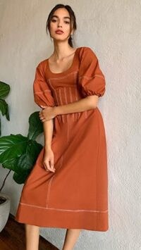 Jonathan Simkhai Lena Puff Sleeve Midi Dress in Toffee ~ brown fitted waist dresses ~ stitch detail clothing