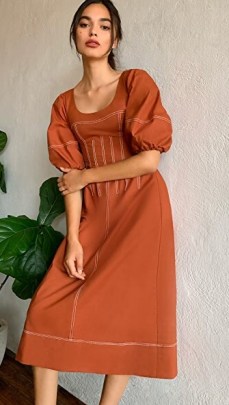 Jonathan Simkhai Lena Puff Sleeve Midi Dress in Toffee ~ brown fitted waist dresses ~ stitch detail clothing
