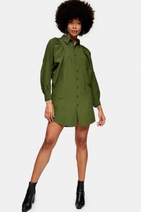 TOPSHOP Khaki Extreme Sleeve Shirt Dress / green button through dresses - flipped