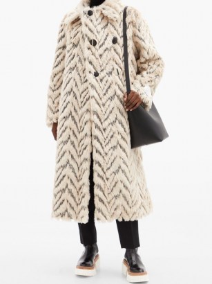 STELLA MCCARTNEY Kira double-breasted faux-fur coat – glamorous winter coats – 70s zig zag designs – vintage look outerwear - flipped