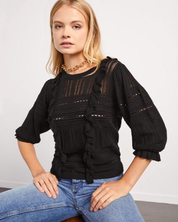 JIGSAW LACE FRILL KNIT JUMPER BLACK – ruffled jumpers – feminine knitwear – frills