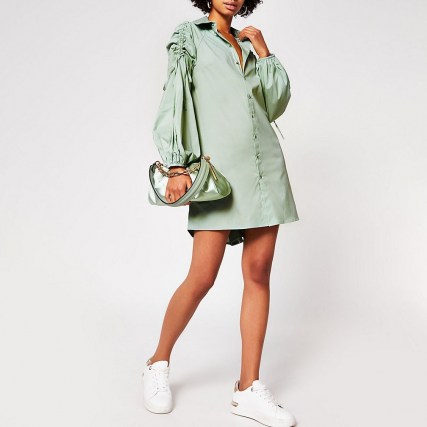 RIVER ISLAND Light green ruched sleeve shirt dress ~ gathered sleeved dresses - flipped
