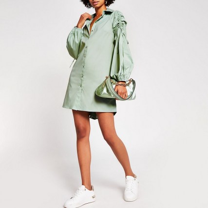 RIVER ISLAND Light green ruched sleeve shirt dress ~ gathered sleeved dresses