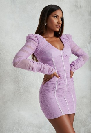 MISSGUIDED lilac ruched mesh bodycon mini dress – light purple fitted dresses – gathered detail fashion - flipped