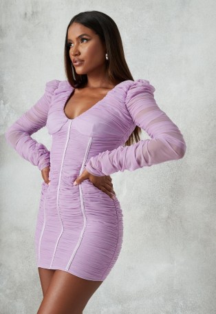 MISSGUIDED lilac ruched mesh bodycon mini dress – light purple fitted dresses – gathered detail fashion