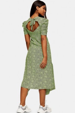 TOPSHOP Lime Green Animal Print Ruched Sleeve Midi Dress ~ open back vintage style dresses ~ draped hemlines - flipped