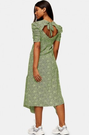 TOPSHOP Lime Green Animal Print Ruched Sleeve Midi Dress ~ open back vintage style dresses ~ draped hemlines