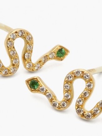 ILEANA MAKRI Little Snake diamond & 18kt gold earrings | diamonds and emeralds | serpents | snakes - flipped