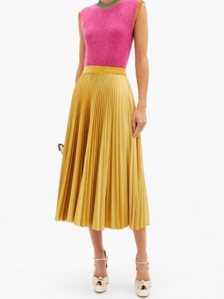 VALENTINO Logo-embroidered pleated velvet-jersey midi skirt in gold | skirts with a swish movement